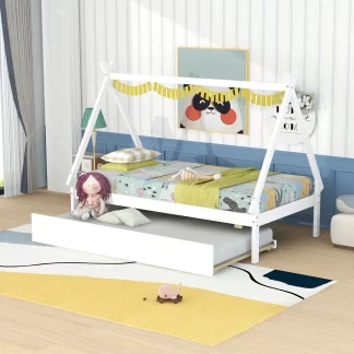 Kumix Twin Size Tent Floor Bed with Pull-Out Trundle, Wood Teepee Bed House Bed with Wooden Slats Support, Triangle Structure Tent Floor Bed Frame for Kids, Toddler Boys & Girls, Easy Assembly, White