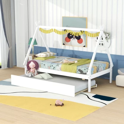 Kumix Twin Size Tent Floor Bed with Pull-Out Trundle, Wood Teepee Bed House Bed with Wooden Slats Support, Triangle Structure Tent Floor Bed Frame for Kids, Toddler Boys & Girls, Easy Assembly, White