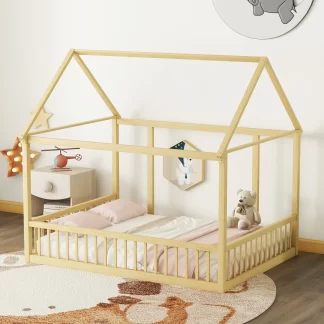 Kumix Toddler Floor Bed with House Roof Frame and Fence Guardrails, without Slats, Wood Full Floor Bed Frame for Kids Toddler, Boys & Girls, House Floor Beds Full Size, Easy Assembly, Natural