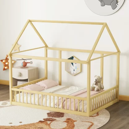 Kumix Toddler Floor Bed with House Roof Frame and Fence Guardrails, without Slats, Wood Full Floor Bed Frame for Kids Toddler, Boys & Girls, House Floor Beds Full Size, Easy Assembly, Natural