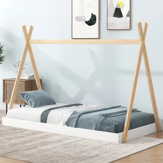 Kumix Tent Floor Bed Twin Size with Triangle Structure, Solid Wood Floor Bed Frame with X-Shaped Railings for Kids Boys & Girls, Toddler Floor Bed for Bedroom, Easy Assembly, White+Natural