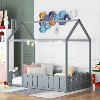 Kumix Wood House Bed with Fence Guardrail and Roof Frame for Kids, Teens, Girls, Boys, Twin Size Floor Bed without Slats for Bedroom, No Box Spring Needed, Noise-Free, Easy Assembly, Gray
