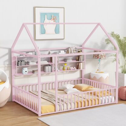 Kumix Full Floor Bed with Fence and Shelves, Metal House Bed Frame with Roof for Kids Boys & Girls, Toddler Floor Beds Full Size, No Weight Capacity Limit, Noise-Free, Easy Assembly, Pink
