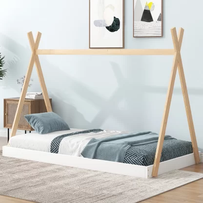 Kumix Tent Floor Bed Twin Size with Triangle Structure, Solid Wood Floor Bed Frame with X-Shaped Railings for Kids Boys & Girls, Toddler Floor Bed for Bedroom, Easy Assembly, White+Natural