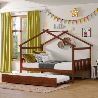 Kumix Platform Bed with Trundle, Twin Size Wooden House Bed with Roof Frame, Headboard and Footboard for Kids, Teens, Guests, Heavy Duty House Bed with Twin Trundle, Easy Assembly, Walnut