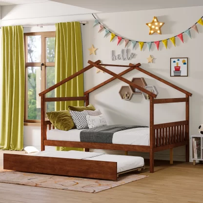 Kumix Platform Bed with Trundle, Twin Size Wooden House Bed with Roof Frame, Headboard and Footboard for Kids, Teens, Guests, Heavy Duty House Bed with Twin Trundle, Easy Assembly, Walnut