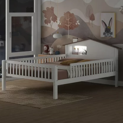 Kumix Platform Bed with House-shaped Headboard, LED and Built-in Storage, Wood Full Size House Bed with Slats Support for Kids Teens Boys/Girls, No Box Spring Needed, Noise-Free, White
