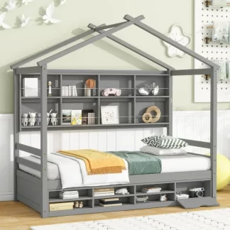 Kumix Platform Bed with Roof Frame, Bedside-shelves, Under Bed Storage Unit, Twin Platform Bed with Slats Support for Kids Teens Adults, Wooden House Bed for Bedroom, Noise-Free, Gray