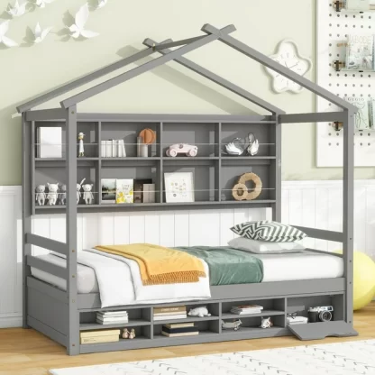 Kumix Platform Bed with Roof Frame, Bedside-shelves, Under Bed Storage Unit, Twin Platform Bed with Slats Support for Kids Teens Adults, Wooden House Bed for Bedroom, Noise-Free, Gray