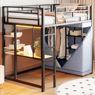 Kumix Loft Bed Twin Size, Metal Loft Bed with Desk, Shelves, Power Outlet, LED Light and Wardrobe for Kids Teens Adults, Heavy Duty Loft Bed Frame with Guardrail and Ladder, Noise-Free, Black