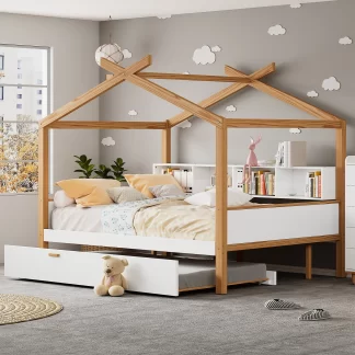 Kumix House Bed with Trundle and Bookshelf Storage Space, Wooden Full Size Platform Bed for Kids Teens Adults, Heavy Duty House Bed for Children or Guest Room, Noise-Free, White+Natural