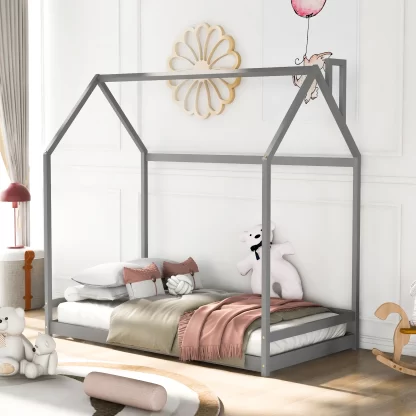 Kumix House Floor Bed, Wooden Twin Size Floor Bed with Roof Frame for Kids Teens Boys and Girls, No Weight Capacity Limit, Heavy Duty Floor Bed for Bedroom, Dorm, No Box Spring Needed, Gray