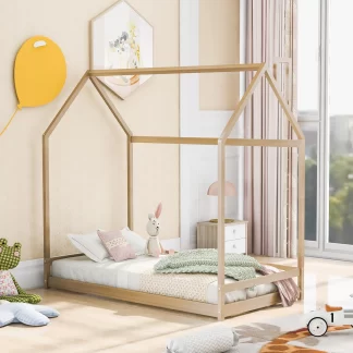 Kumix House Floor Bed, Wooden Twin Size Floor Bed with Roof Frame for Kids Teens Boys and Girls, No Weight Capacity Limit, Heavy Duty Floor Bed for Bedroom, Dorm, No Box Spring Needed, Natural