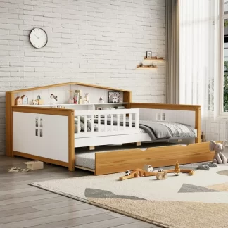 Kumix Floor Bed with Trundle and Bookcase Headboard, House Shape Wooden Full Size Floor Bed Safety Fence Guardrails Bed for Girls Boys Teens, No Box Spring Needed, Walnut and White