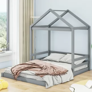 Kumix Floor Bed with Roof Frame, House Wood Full Size Floor Bed with Semi-Guardrail and Slats Supports for Kids Boys and Girls, Heavy Duty Kids Floor Bed for Bedroom, Noise-Free, Gray