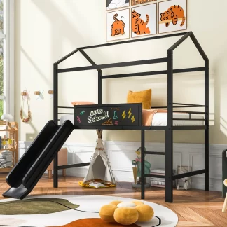 Kumix Loft Bed with Slide, Metal House Loft Bed Twin Size with Two-sided Writable Wooden Board and Roof Frame for Kids Young Teens, Heavy Duty Kids House Bed for Bedroom, Noise-Free, Black
