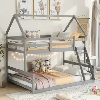 Kumix Twin over Full Bunk Bed, House Bunk Bed with Built-in Ladder and Full Length Guardrail for Kids Teens Adults, Heavy Duty Low Bunk Bed Able to Split, Noise-Free, Easy Assembly, Gray