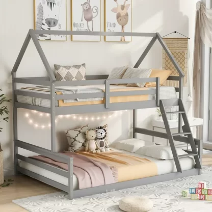 Kumix Twin over Full Bunk Bed, House Bunk Bed with Built-in Ladder and Full Length Guardrail for Kids Teens Adults, Heavy Duty Low Bunk Bed Able to Split, Noise-Free, Easy Assembly, Gray