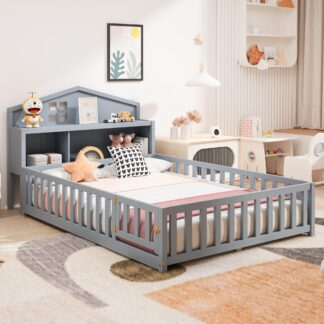 Kumix Floor Bed with Bookcases and Blackboards, Full Size Wood Montessori Floor Bed with Fence and Door, Solid Wood Floor Beds with Storage Headboards, Floor Beds for Kids & Toddler, Gray