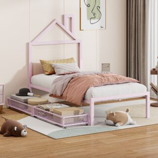 Kumix Platform Bed with Drawers, Twin Size Metal House Platform Bed with House-Shaped Headboard Design and Slats Supports for Kids Teens Adults, Noise-Free Platform Bed for Bedroom, Dorm, Pink