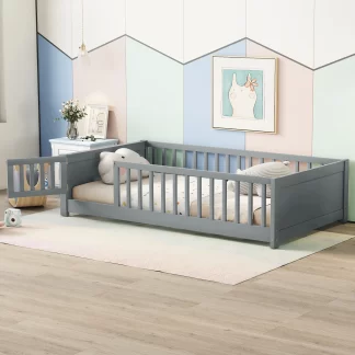 Kumix Twin Floor Bed with Built-in Book Storage Rack, Fence Guardrail and Door, Wooden Toddler Bed for Kids 1-3, Montessori Floor Beds for Bedroom, Twin Floor Beds, Easy Assembly, Gray