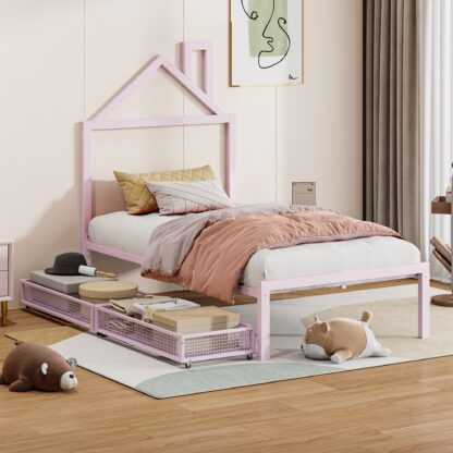 Kumix Platform Bed with Drawers, Twin Size Metal House Platform Bed with House-Shaped Headboard Design and Slats Supports for Kids Teens Adults, Noise-Free Platform Bed for Bedroom, Dorm, Pink