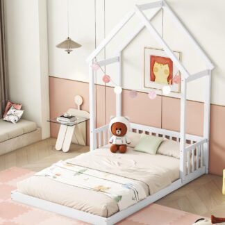 Kumix Toddler Floor Bed with House-shaped Roof Headboard, Semi-fence, without Slats, Full Floor Bed for Toddlers 1-3, Wood Floor Bed Frame for Bedroom, No Weight Capacity Limit, Easy Assembly, White