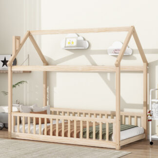 Kumix House Floor Bed with Roof Frame and Fence Guardrails, with Slats Support, Wooden Twin Floor Bed for Kids Toddlers Boys/Girls, Heavy Duty House Bed Frame for Bedroom, Easy Assembly, Natural