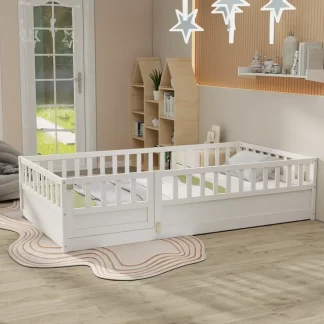 Kumix Floor Bed Twin Size with Door and Fence, Toddler Bed for Kids Aged 1-3, Wood Floor Bed with Safety Guardrails for Bedroom, Floor Bed Frame for Girls & Boys, No Box Spring Needed, White