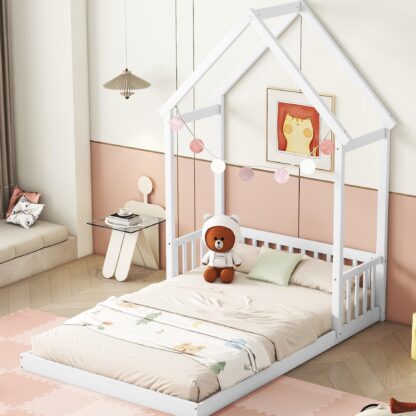 Kumix Toddler Floor Bed with House-shaped Roof Headboard, Semi-fence, without Slats, Full Floor Bed for Toddlers 1-3, Wood Floor Bed Frame for Bedroom, No Weight Capacity Limit, Easy Assembly, White