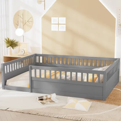 Kumix Floor Bed with Fence Guardrail, Full Size Floor Bed for Kids Toddlers, Wood Floor Beds Frame for Bedroom Playroom, No Weight Capacity Limit, No Box Spring Needed, Easy Assembly, Gray