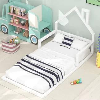 Kumix Floor Bed Twin Size with Handrails and House-Shaped Headboard, Toddler Floor Bed Slat Support for Kids 1-3 Aged, Wood Floor Bed Frame Noise-Free, Easy Assembly, No Box Spring Needed, White