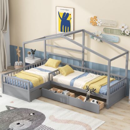 Kumix 2 Platform Bed with Three Storage Drawers, Wooden Twin Size Platform Bed with House Roof Frame and Full-Length Guardrail for Kids Teens Adults, 2 Beds in 1, No Box Spring Needed, Gray