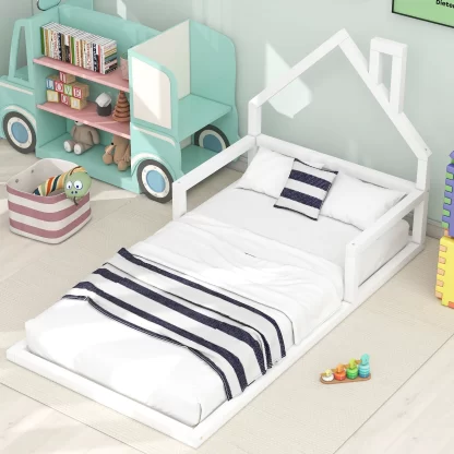 Kumix Floor Bed Twin Size with Handrails and House-Shaped Headboard, Toddler Floor Bed Slat Support for Kids 1-3 Aged, Wood Floor Bed Frame Noise-Free, Easy Assembly, No Box Spring Needed, White