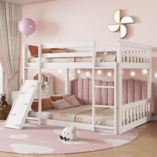 Kumix Bunk Bed Twin over Twin, Wooden Floor Bunk Beds with Climbing Ramp, Build-in Ladder, Safety Guardrails for Kids Young Teens Boys and Girls, Bunk Bed for 2, Noise-Free, Easy Assembly, White