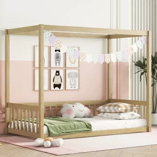 Kumix Canopy Frame Floor Bed with Fence Guardrails and a Roof Frame, Twin Floor Bed without Slats, Wood Toddler Floor Bed for Kids Boys & Girls, No Box Spring Needed, Noise-Free, Natural