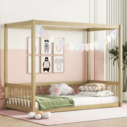 Kumix Canopy Frame Floor Bed with Fence Guardrails and a Roof Frame, Twin Floor Bed without Slats, Wood Toddler Floor Bed for Kids Boys & Girls, No Box Spring Needed, Noise-Free, Natural