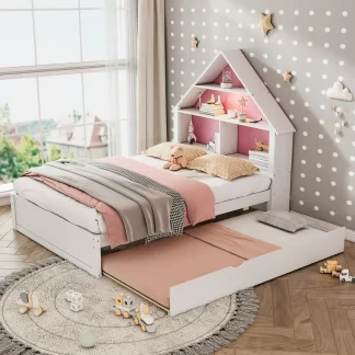 Kumix Full Size House-Shaped Bed with Bookcase Headboard and LED Light and Twin Size Trundle for Kids Boys Girls, Wooden Platform Bed for Bedroom, No Box Spring Needed, Pink+White