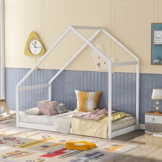 Kumix House Floor Bed with Roof Frame, without Slats, Wooden Twin Size Floor Bed for Kids Boys & Girls 1-3 Aged, Toddler Floor Bed for Bedroom, Heavy Duty Twin Floor Bed, Noise-Free, White