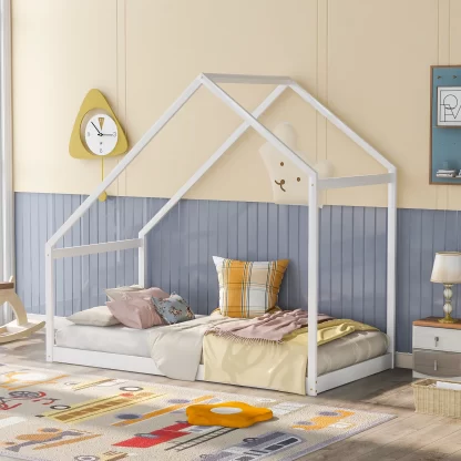 Kumix House Floor Bed with Roof Frame, without Slats, Wooden Twin Size Floor Bed for Kids Boys & Girls 1-3 Aged, Toddler Floor Bed for Bedroom, Heavy Duty Twin Floor Bed, Noise-Free, White