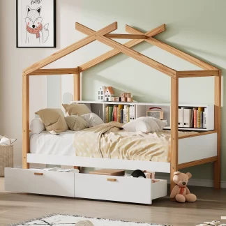 Kumix House Bed Frame with Two Drawers and Bookshelf Storage Space, Full Size Wooden Platform Bed with Slats Support for for Kids Teens, Hou Bed for Children or Guest Room, Noise Free, White+Natural