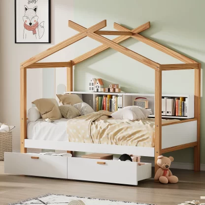 Kumix House Bed Frame with Two Drawers and Bookshelf Storage Space, Full Size Wooden Platform Bed with Slats Support for for Kids Teens, Hou Bed for Children or Guest Room, Noise Free, White+Natural