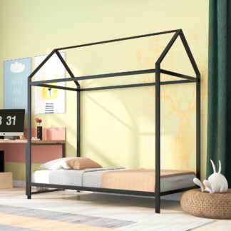 Kumix Metal House Floor Bed with House Roof, 20 Slats Support, Height Adjustable Twin Size Kids Floor Bed Frame for Toddlers Boys and Girls, Platform Bed for Bedroom, No Box Spring Needed, Black