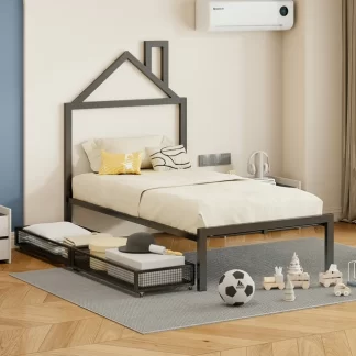 Kumix Platform Bed with Drawers, Twin Size Metal House Platform Bed with House-Shaped Headboard Design and Slats Supports for Kids Teens Adults, Noise-Free Platform Bed for Bedroom, Dorm, Black