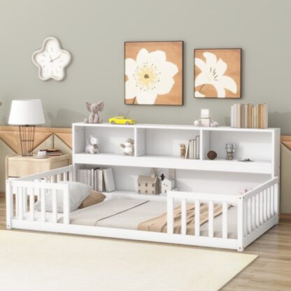 Kumix Floor Bed Twin Size with Bedside Bookcase, Shelves, Fence Guardrails, Wood Floor Bed Frame for Kids Boys/Girls, No Weight Capacity Limit, No Box Spring Needed, Easy Assembly, White
