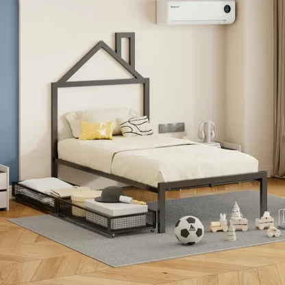 Kumix Platform Bed with Drawers, Twin Size Metal House Platform Bed with House-Shaped Headboard Design and Slats Supports for Kids Teens Adults, Noise-Free Platform Bed for Bedroom, Dorm, Black