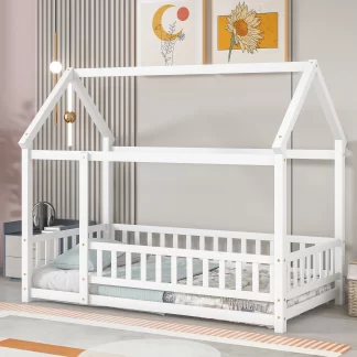 Kumix Floor Bed with House Roof Frame and Fence Guardrails, Wood Twin Size Floor Bed for Kids Boys/Girls, No Weight Capacity Limit, Toddler Floor Bed Frame for Bedroom, Noise-Free, White