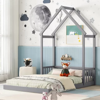 Kumix Toddler Floor Bed with House-shaped Roof Headboard, Semi-fence, without Slats, Full Floor Bed for Toddlers 1-3, Wood Floor Bed Frame for Bedroom, No Weight Capacity Limit, Easy Assembly, Gray