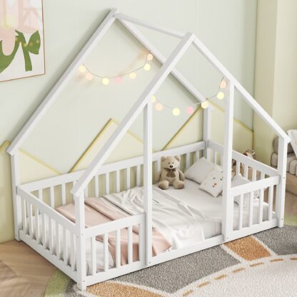 Kumix House-Shaped Floor Bed with Fence Guardrails and Roof, Twin Size Floor Bed Frame for Kids Boys & Girls, Wooden Playhouse Bed Frame, Twin Toddler Floor Bed Montessori House Bed Frame, White