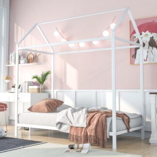 Kumix Metal House Floor Bed with House Roof, 20 Slats Support, Height Adjustable Twin Size Kids Floor Bed Frame for Toddlers Boys and Girls, Platform Bed for Bedroom, No Box Spring Needed, White